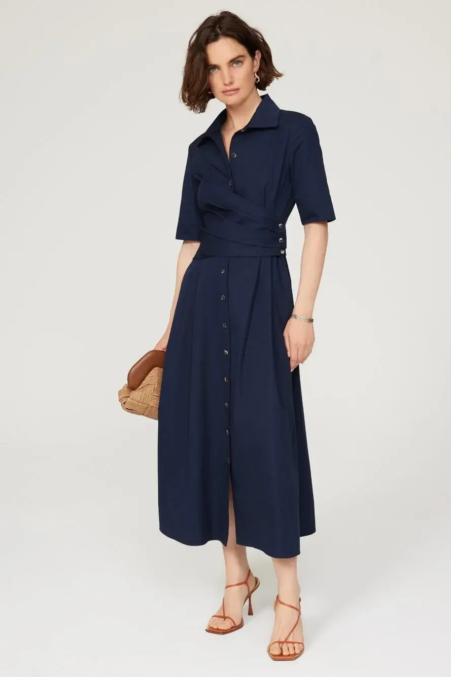 TORY BURCH Dark Blue 100% Cotton A-Line Short Sleeve Wrap Shirtdress Size 0